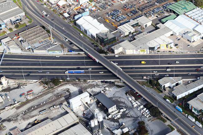 Aerial pictures of empty roads in Melbourne as strict stage 4 lockdowns are enforced. West Gate Freeway at the Ingles Street overpass. Aaron Francis/The Australian