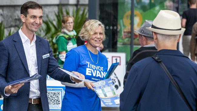 LNP Brisbane MP Trevor Evans seeking support at Brisbane City Hall on Friday as he faces a close fight for survival against the ALP. Picture: Richard Walker