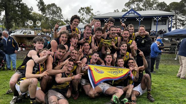 Nuriootpa celebrates its 2022 premiership. The club was originally poised to host the regional game of next year's AFL Gather Round. Picture: Barossa, Light and Gawler FA