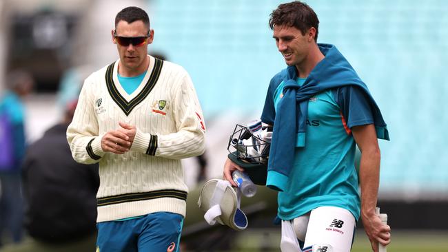 Scott Boland with Cummins on match eve. The Victorian will play his first Test in English conditions Picture: Getty Images