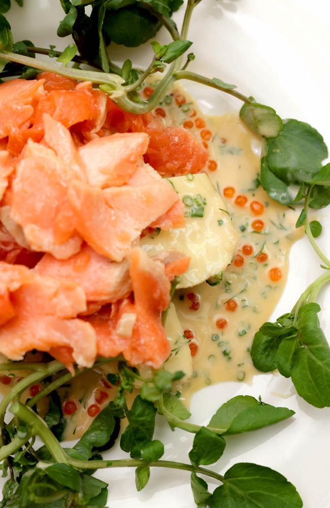 Confit ocean trout, Dutch cream potatoes, watercress &amp; sauce caviar at August West End. Picture: Steve Pohlner