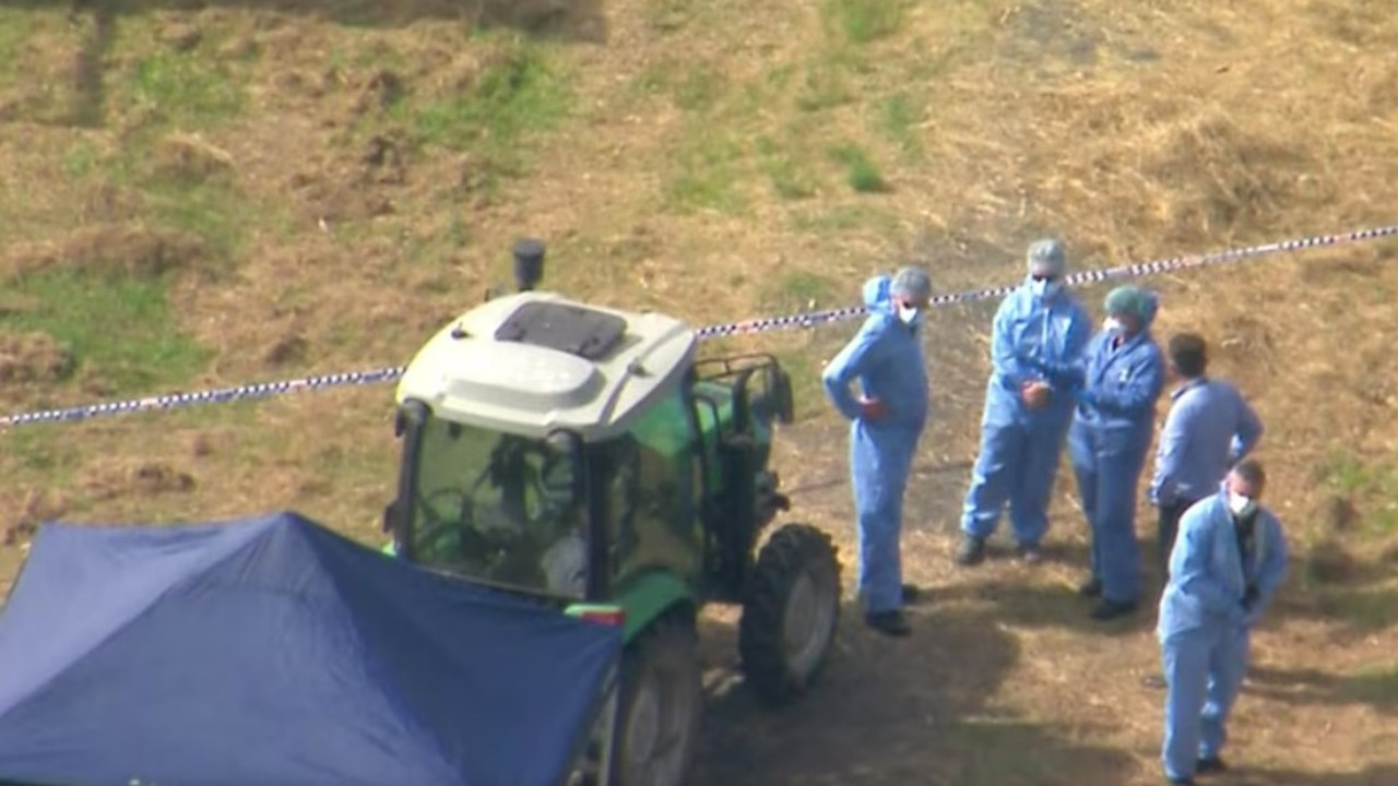 Investigators at the farm near Beaudesert where a woman was killed by a tractor slasher. Picture: Supplied / ABC
