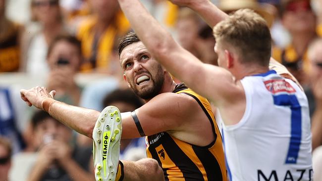 Jack Gunston snaps at goal during the third quarter. He finished with three. Picture: Michael Klein