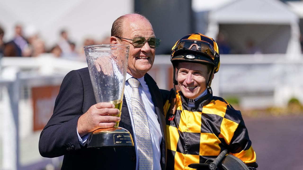 Brendan Lindsay with James McDonald after Joliestar’s win in the Thousand Guineas in 2023. Photo: Scott Barbour/Getty Images.