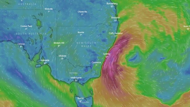 A deepening Tasman low brings a burst of wind and rain to parts of Australia. Photo: Windy.