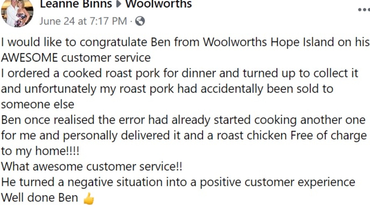 Leanne posted to Woolies’ official Facebook page to let them know how ‘awesome’ staffer Ben was in personally delivering her order.