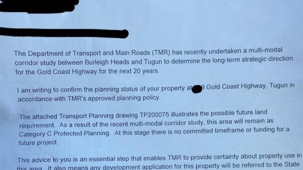 A letter sent by the Department of Transport and Main Roads to residents on the Gold Coast Highway at Tugun regarding light rail. Picture: Karen Rowles/Facebook