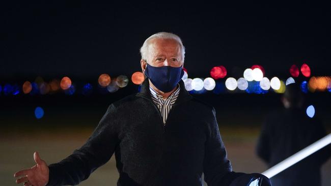 Democratic presidential nominee Joe Biden arrives at New Castle Airport on November 02.