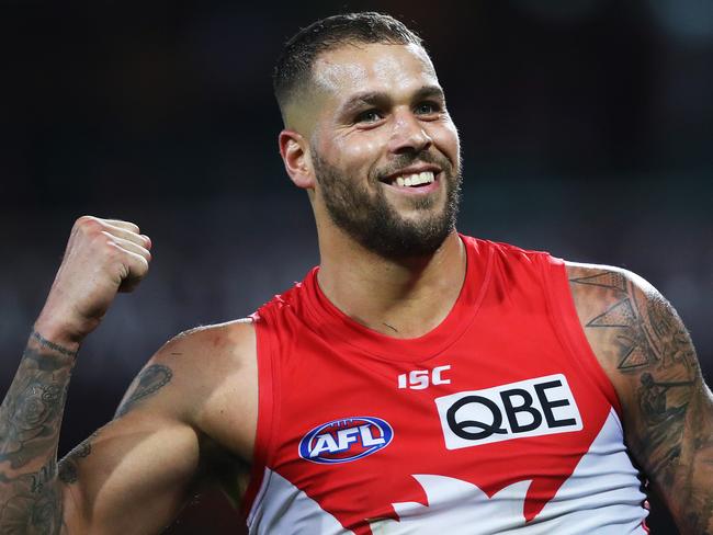 Sydney's Lance Franklin celebrates kicking a goal during AFL match between the Sydney Swans and Fremantle Dockers at the SCG. Picture. Phil Hillyard