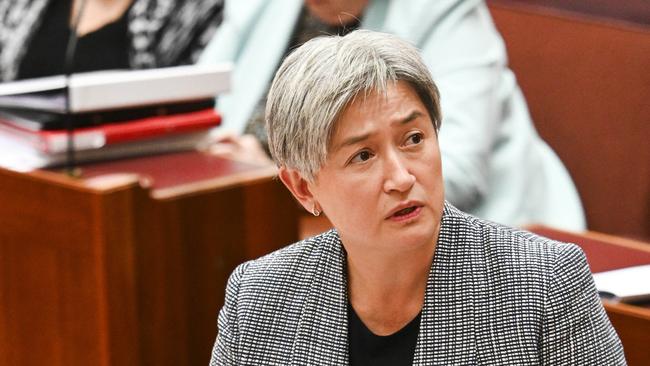 Penny Wong has stayed gravely silent on the ICC’s arrest warrant request. Picture: NCA NewsWire/Martin Oldman