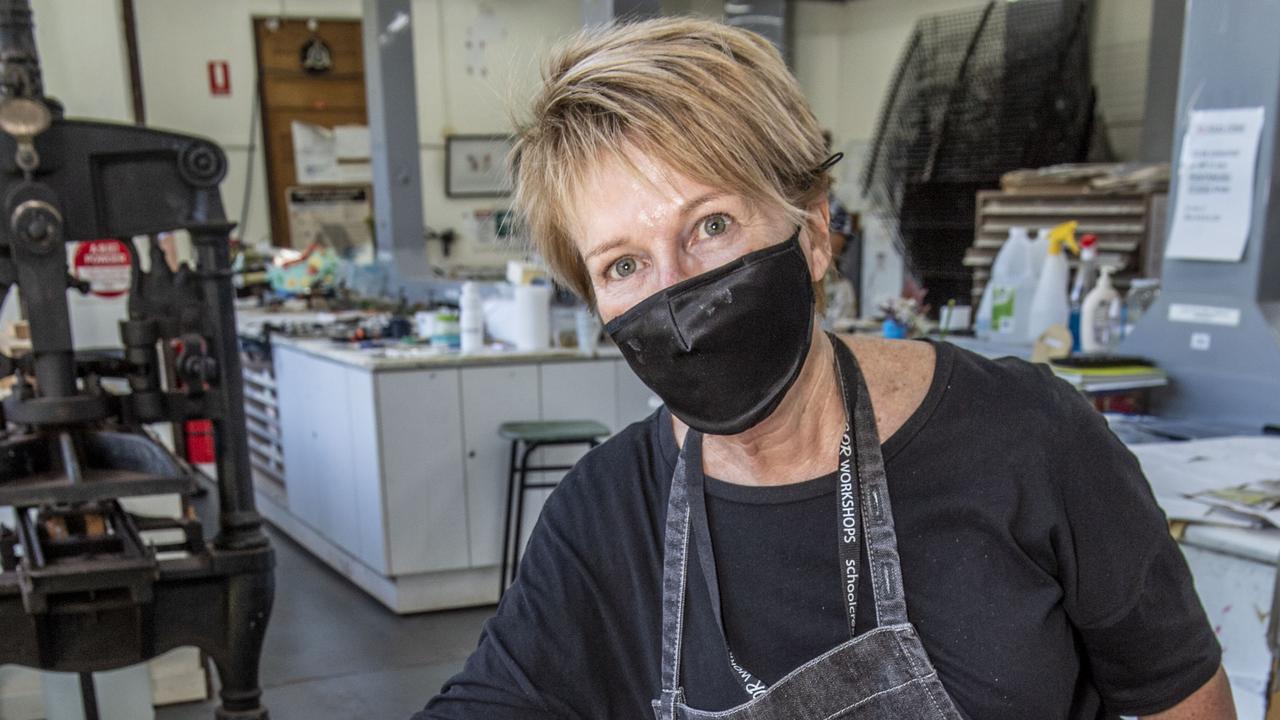 Roz Brownlie with her work from the Immersive printmaking adventure-Cyanotypes and Eco-printing with Anita Mangakahia. McGregor Summer School at USQ. Friday, January 14, 2022. Picture: Nev Madsen.