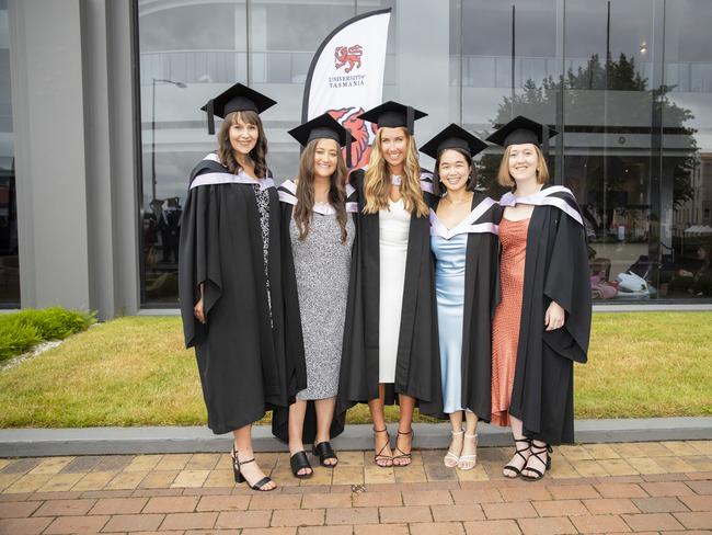 Jenna Phillips, Catherine Cartwright, Sarah Grace, Serina Seah and Georgia Winter. UTAS graduations. School of College of Health and Medicine Graduate Research. Picture: RICHARD JUPE