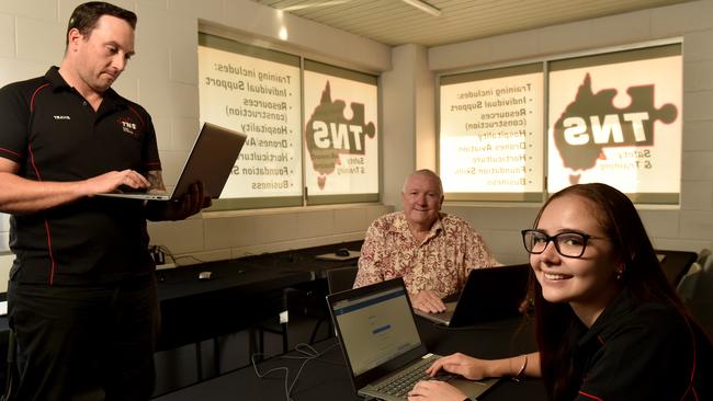 Travis Van Doornen and Shannon Hogue from TNS Safety and Training with small business consultant Gerard Bryne (centre). Picture: Evan Morgan