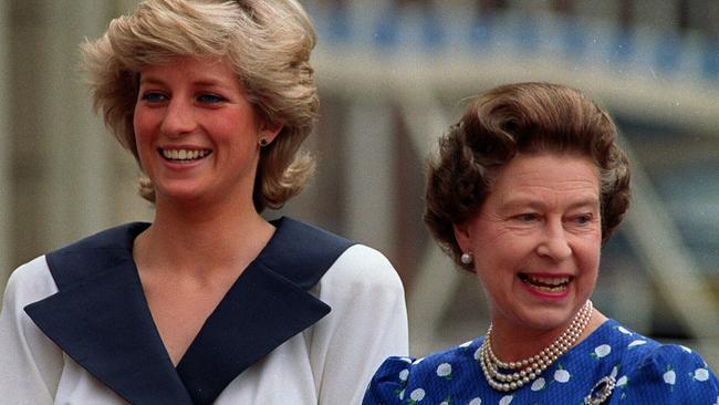 Diana, Princess of Wales with Queen Elizabeth II smile at wellwishers in London, 1987.