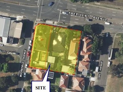 An aerial view of the three houses proposed to be demolished to make way for the church. Picture: Bayside Council