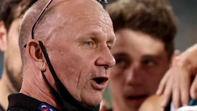 Ken Hinkley tries to lift his players as they take on a red-hot Demons outfit. Picture: AFL Photos via Getty Images