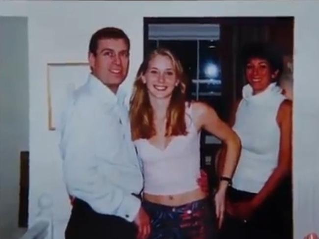 Prince Andrew, Virginia Roberts Giuffre and Ghislaine Maxwell pictured together inside the London Mews home of Ghislaine Maxwell (right). Picture: Screengrab / 60 Minutes