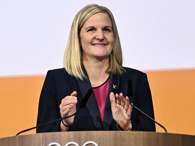 Zimbabwean candidate for the presidency of the International Olympic Committee (IOC) Kirsty Coventry reacts after being elected during the 144th IOC Session on the day of the election of the next President of the International Olympic Committee (IOC), in Costa Navarino, Greece on March 20, 2025. Zimbabwe's Kirsty Coventry became the first woman and the first African to be elected president of the International Olympic Committee on March 20, 2025. (Photo by Fabrice COFFRINI / AFP)