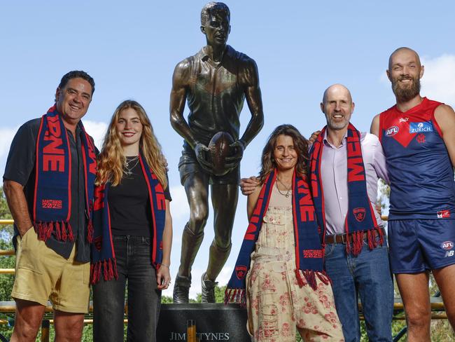 Melbourne great Garry Lyon, Jim Stynes’ daughter Matisse, Sam Ludbey-Stynes, Jim Stynes’ brother Brian and Melbourne skipper Max Gawn at the Jim Stynes statue outside the MCG. Picture: Michael Klein