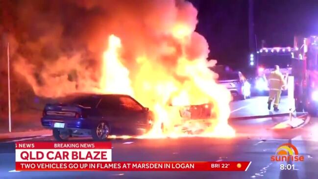 Two cars explodes into flames in Marsden (7NEWS)