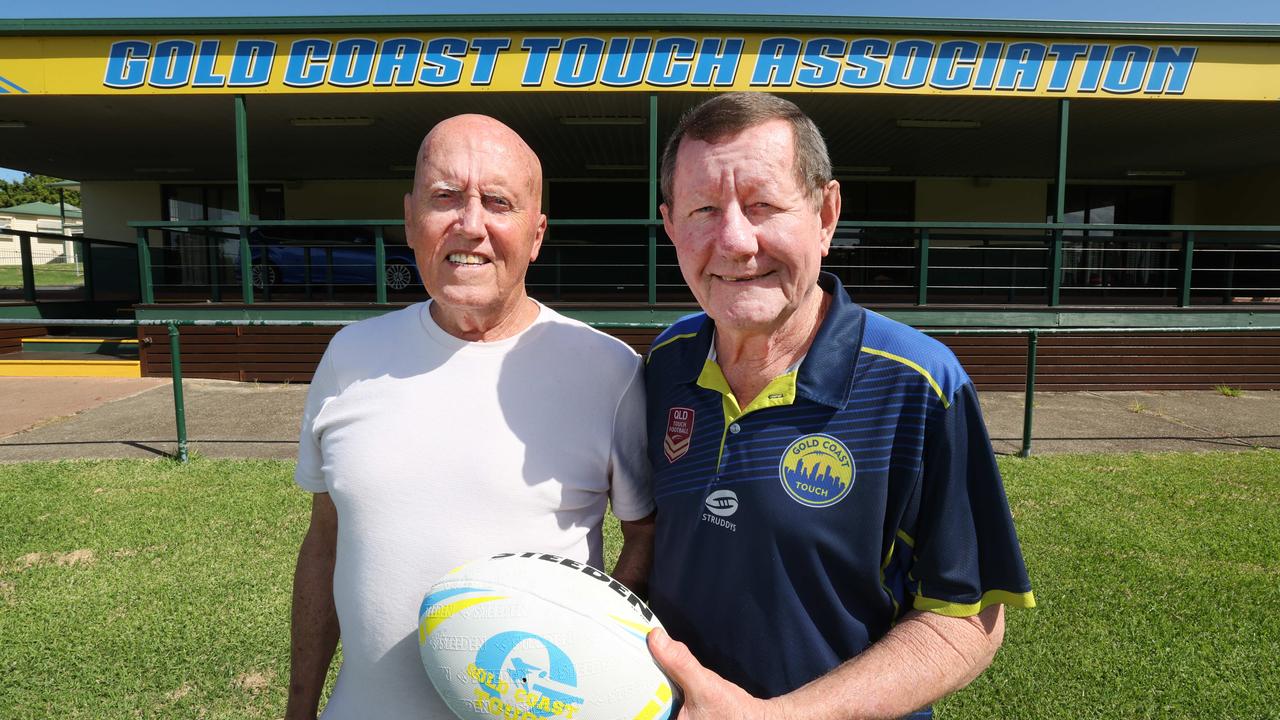 Gold Coast Touch Football stalwarts Henry Lesniewski and Paul Eggers (left) remember fifty years of the sport at Owen Park Southport. Picture: Glenn Hampson.