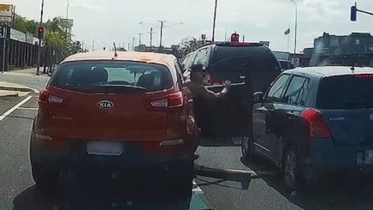 The driver of the Kia tried to leave his car while it was stopped at the lights, before accelerating into the Suzuki and Nissan 4WD parked directly to his right.