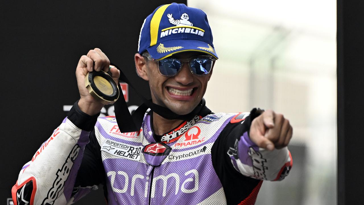 Jorge Martin celebrates after winning the sprint race of the Indian MotoGP Grand Prix at the Buddh International Circuit. (Photo by Prakash Singh/Getty Images)