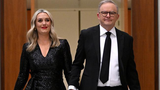 Prime Minister Anthony Albanese and partner Jodie Haydon arrive at the Midwinter Ball at Parliament House in Canberra. Picture: Tracey Nearmy/Getty Images