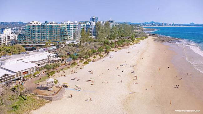 An artist's impression of the new terraced seawall integrated from Brisbane Road to the Surf Club, part of Stage Two – Central Meeting Place and Southern Parkland seawall. Picture: Sunshine Coast Council