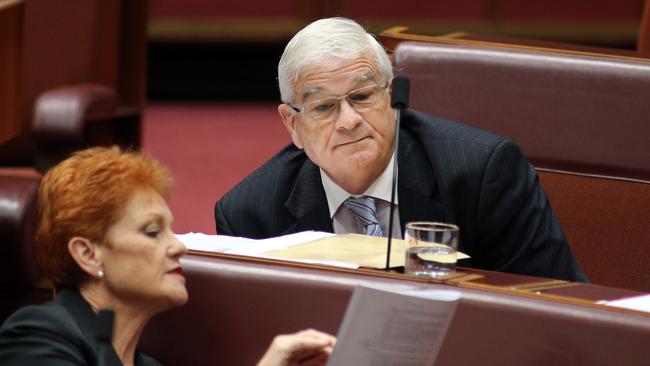 Job PD900844: One Nation Senators, Pauline Hanson with NSW senator Brian Burston  in the Senate chamber in Parliament House in Canberra. Picture Gary Ramage