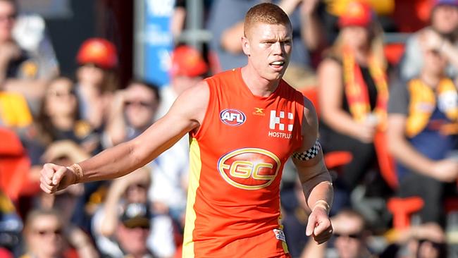 Peter Wright celebrates a goal against West Coast.