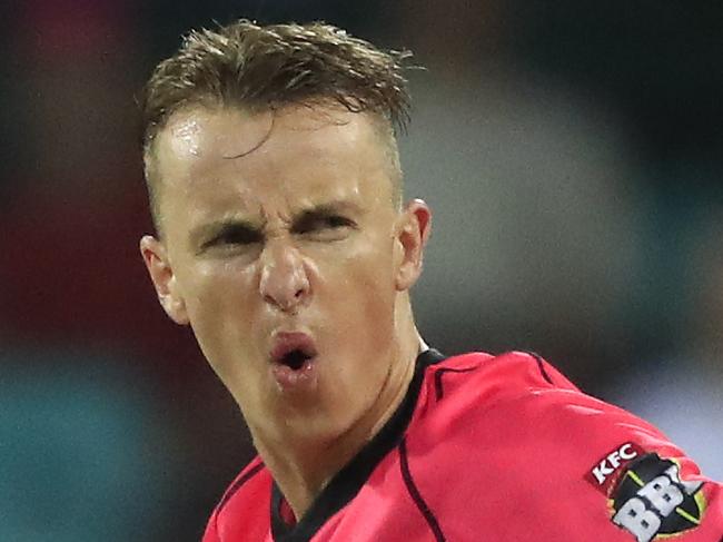 SYDNEY, AUSTRALIA - JANUARY 23: Tom Curran of the Sixers reacts during the BBL match between the Sydney Sixers and Hobart Hurricanes at Sydney Cricket Ground on January 23, 2019 in Sydney, Australia. (Photo by Mark Evans/Getty Images)