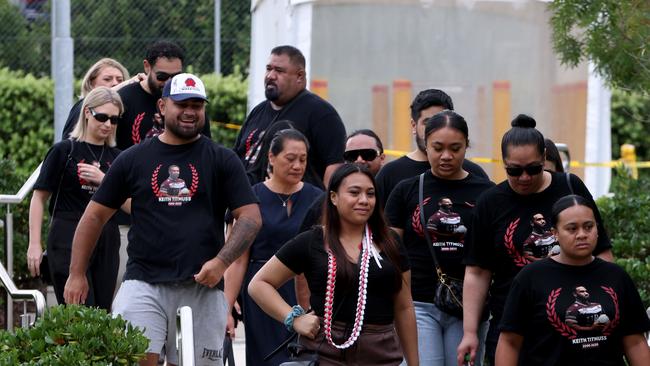 Family and supporters of Keith Titmuss pictured wearing shirts in his memory at a coronial inquest examining his 2020 death. Picture: NCA NewsWire / Damian Shaw