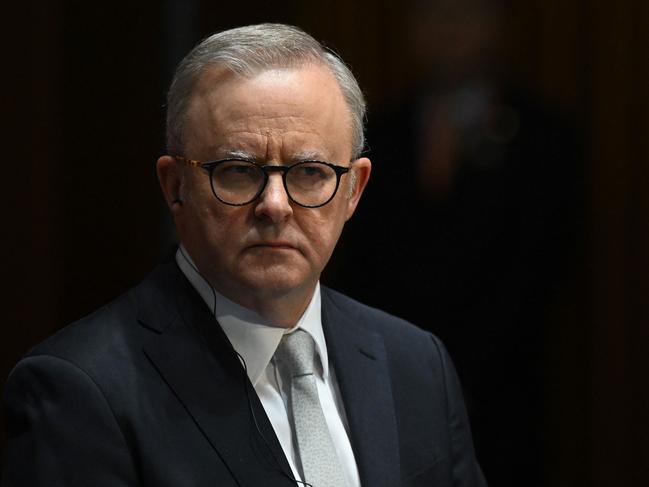 Australia's Prime Minister Anthony Albanese speaks to the media during a signing ceremony with China's Premier Li Qiang (not pictured) at Parliament House in Canberra on June 17, 2024. (Photo by LUKAS COCH / POOL / AFP)