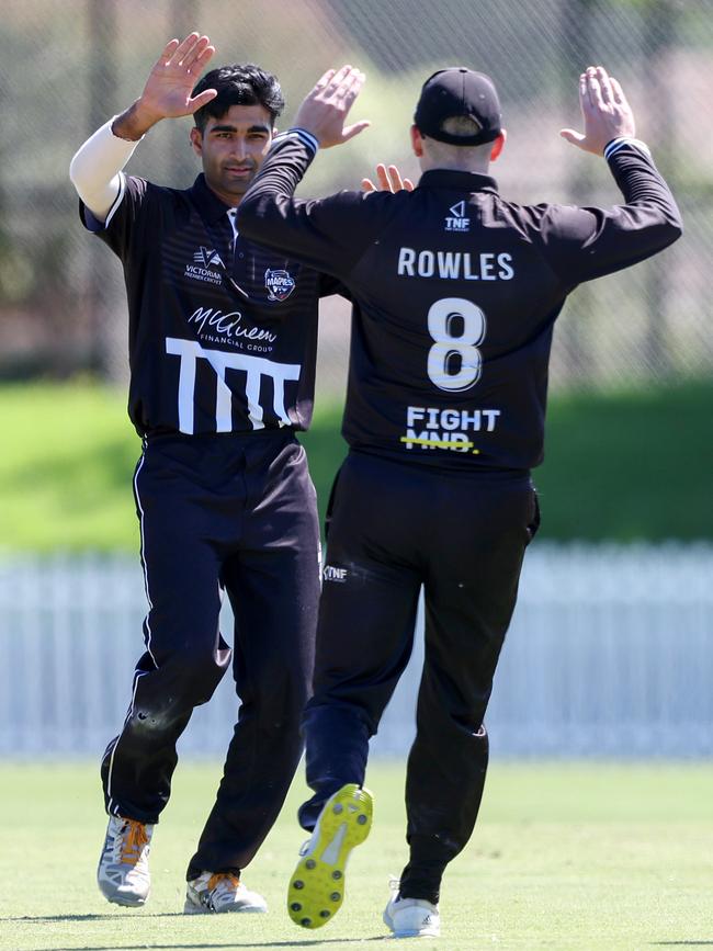 Premier: Camberwell pair Shubham Bhargave and Ben Rowles celebrates a wicket. Picture: Georg Sal