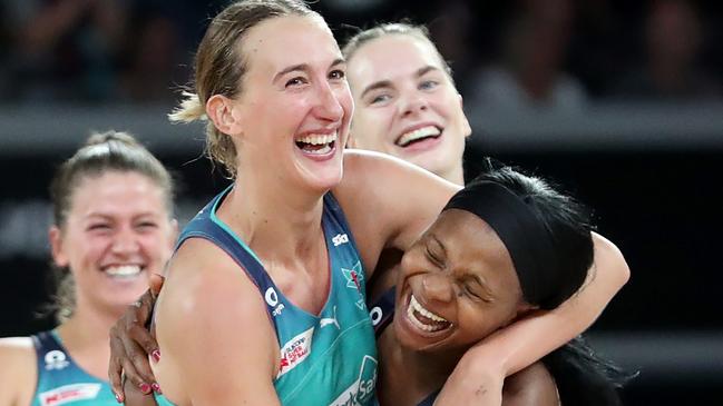 Emily Mannix with Mwai Kumwenda after the Vixens’ round two Super Netball win over Collingwood. Picture: Getty Images