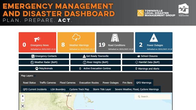 The Townsville City Council disaster dashboard. Every QLD council has their own version of this dashboard online. (disaster.townsville.qld.gov.au)