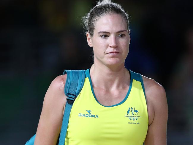 GOLD COAST, AUSTRALIA - APRIL 15:  Caitlin Bassett of Australia shows her emotion following the Netball Gold Medal Match on day 11 of the Gold Coast 2018 Commonwealth Games at Coomera Indoor Sports Centre on April 15, 2018 on the Gold Coast, Australia.  (Photo by Hannah Peters/Getty Images)