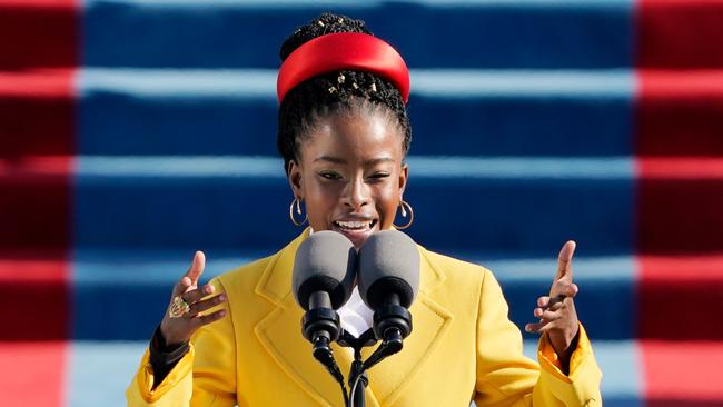 American poet Amanda Gorman reads a poem during the inauguration of US President Joe Biden. Picture: Patrick Semansky/AFP