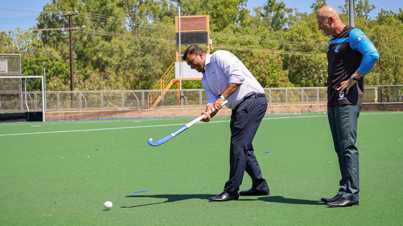People, sport and culture Minister Jinson Charls and Hockey NT chief executive Jason Butcher at the refurbished second turf.
