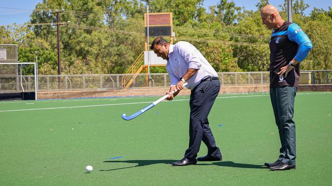 People, sport and culture Minister Jinson Charls and Hockey NT chief executive Jason Butcher at the refurbished second turf.