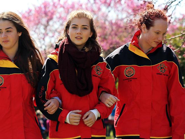 DAY 3. ANZAC celebrations under way in Gallipoli, Turkey for 100th anniversary. Barker private school students and the soloist singers from their choir pictured at Shrapnel Valley. L to R, Sophia Murray-Walker, Georgia Billward and Caitlin Williams.