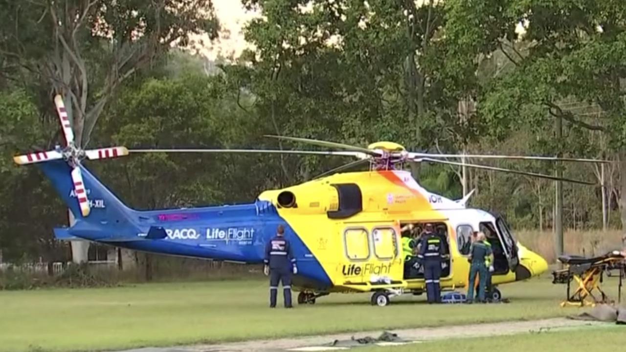 A teenager was airlifted to Queensland Children’s Hospital by the LifeFlight helicopter after a crash on Miva Road at Gunalda, near Gympie. June 10, 2023. Photo: Seven News