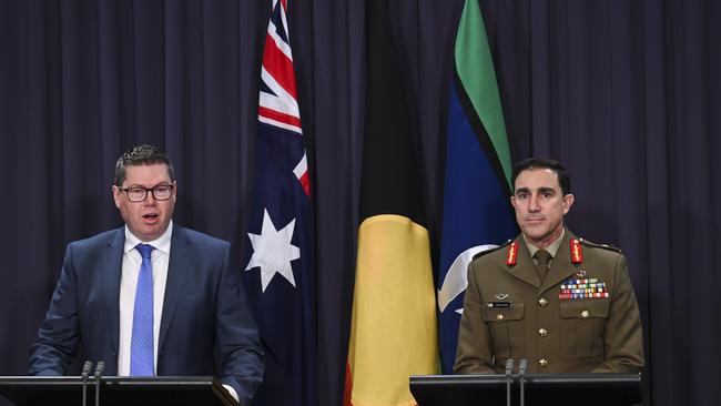 Defence Industry Minister Pat Conroy and Chief of Army, Lieutenant General Simon Stuart, announce South Korea’s Hanwha Defence will provide its Redback infantry fighting vehicle to the Australian Army. Picture: NCA NewsWire / Martin Ollman