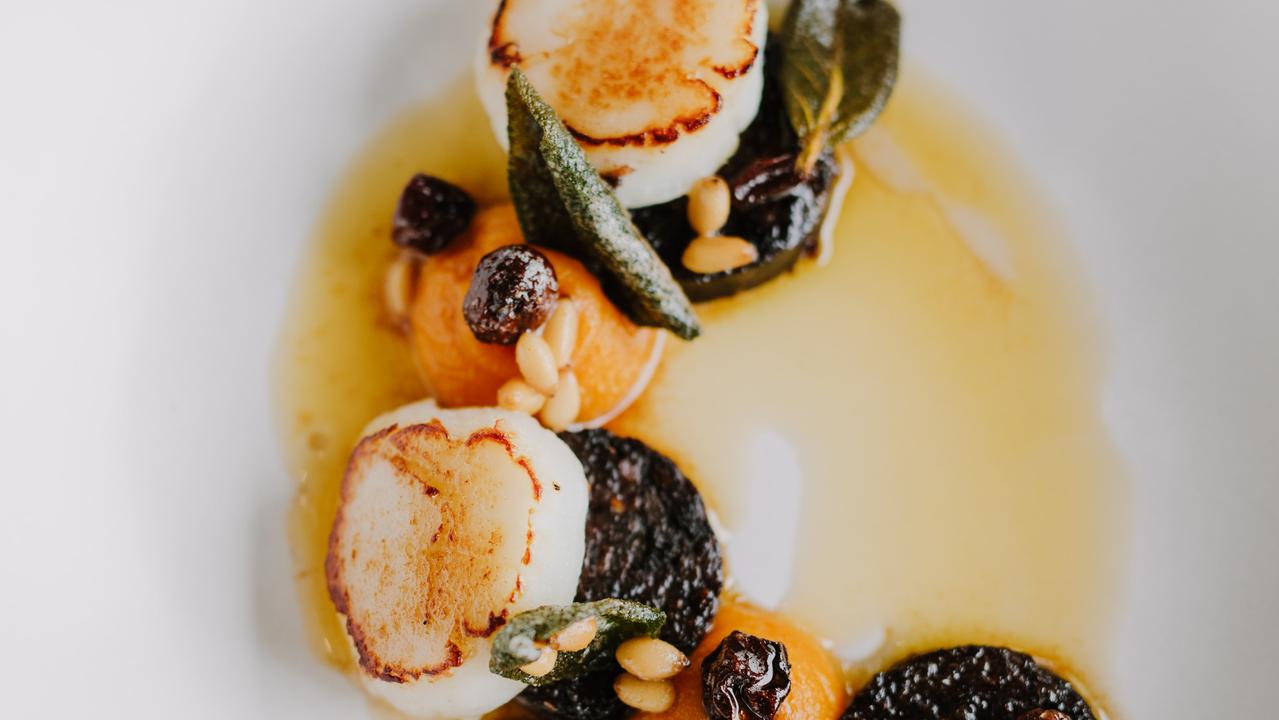 Intricate entrees: Scallops with black pudding