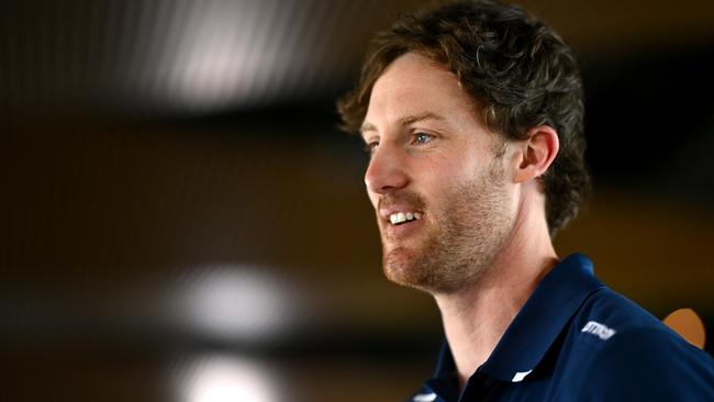 Geelong defender Jed Bews talks to the media ahead of Saturday’s preliminary final against Brisbane. Picture: Quinn Rooney/Getty Images