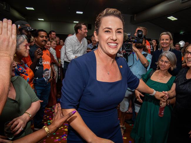 Country Liberal Party leader Lia Finocchiaro arrives to cheers after her party's 2024 Northern Territory election win. Picture: Pema Tamang Pakhrin