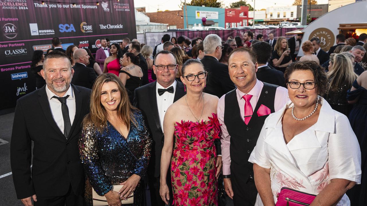 At Little Pig Consulting Business Excellence Awards are (from left) Brett Harvey, Sally Harvey, Mark Nairn, Leonie Bastiaan, Jamie Mason and Suzanne Mason at Rumours International, Saturday, October 19, 2024. Picture: Kevin Farmer