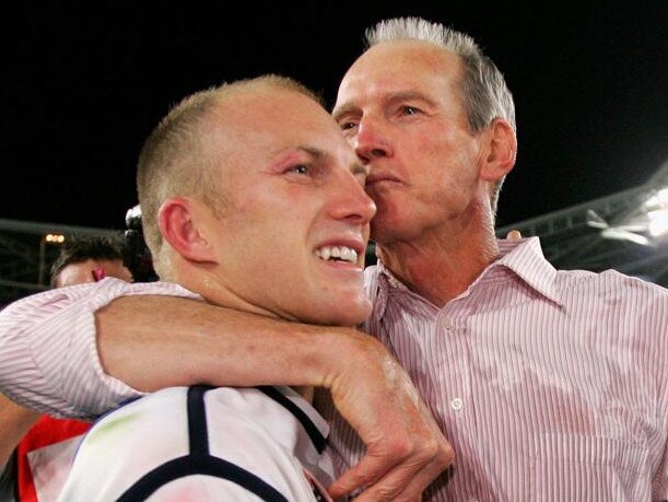 (L-R) Former Brisbane captain, now board member, Darren Lockyer and coach Wayne Bennett. Picture: Getty Images