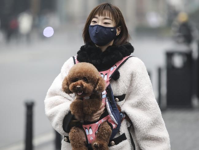 A woman wears a mask while carrying a dog on the streets of Wuhan. Picture: Getty Images